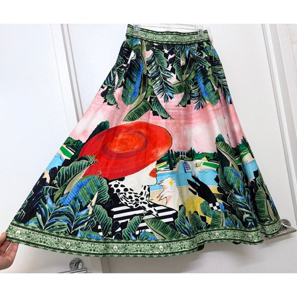 NWT Alice + Olivia Palm Beach Earla Midi Skirt Woman Red Hat Pink Print 4 - Picture 6 of 14